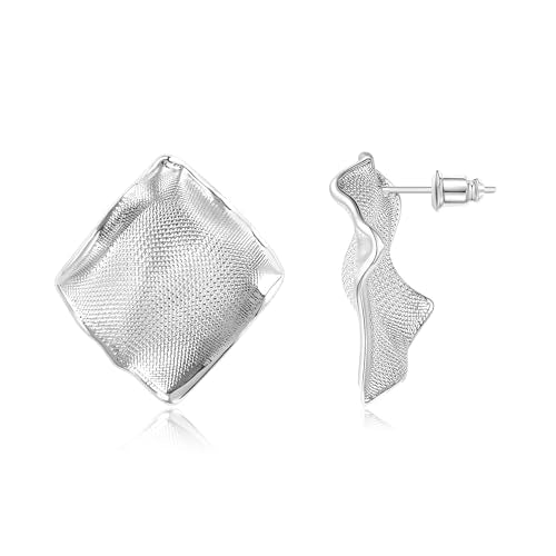 18K Gold Plated Statement Stud Earrings for Women Hypoallergenic Geometric Wave Earrings Irregular Textured Chunky Fashion Jewelry Gifts for Womens - color: Silver