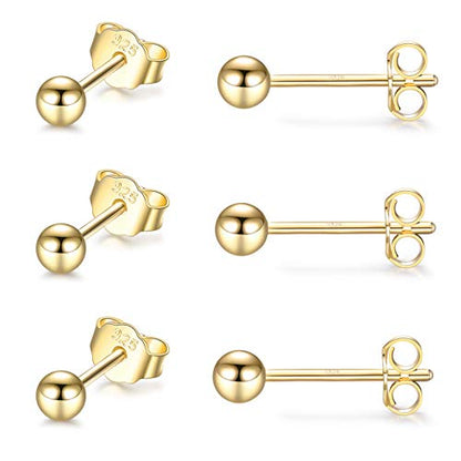 EPIRORA Sterling Silver Stud Earrings for Women Men- 3 Pairs 3mm Tiny Ball Stud Earrings Round CZ Earrings Pearl Earrings Set Cartilage Small Tragus Earrings - style: 3 Pairs-Round Ball Earrings(Gold)