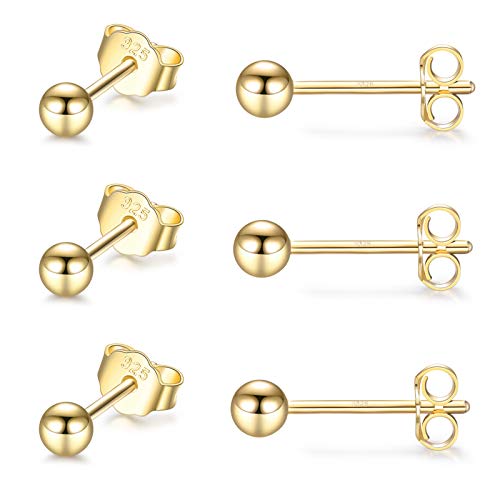 EPIRORA Sterling Silver Stud Earrings for Women Men- 3 Pairs 3mm Tiny Ball Stud Earrings Round CZ Earrings Pearl Earrings Set Cartilage Small Tragus Earrings - style: 3 Pairs-Round Ball Earrings(Gold)