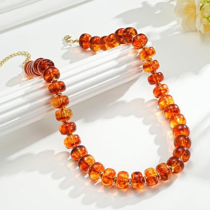 Beaded Necklaces for Women - Colorful Acrylic Beaded Chunky Necklace | Adjustable Statement Necklace, Puffy Heart Pendant, Boho Choker Necklace, Waterproof Summer Beach Jewelry, Gifts for Vacation - color: Amber