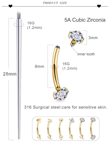 16G Eyebrow Ring Piercing Jewelry Surgical Steel Internal Thread CZ Heart Star Vertical Labret Lip Ring Rook Daith Earrings Belly Button Ring Piercing Jewelry for Women Silver Black Gold - color: Gold, size: 16G, 8mm Length, 3mm CZ