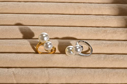 Hisatan Double Simulated Pearl Wrap Ring: gold plated Stainless Steel Large Statement Ring for Women - color: Silver-Size 9