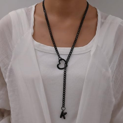 sroyte Black Heart Slip Chain Initial Necklaces for Women,Stainless Steel O-Ring Adjustable Lariat Heart Y-Necklace,Punk Gothic Cuban Collar Choker Necklace for women - color: Black K