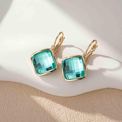 Austrian Crystal Square Leverback Drop Earrings for Women | Classic Square-Cut Crystal,14K Gold-Plated,Leverback for Easy Secure Wear,Gift Box Included,For Day and Evening Events - color: Blue-Green