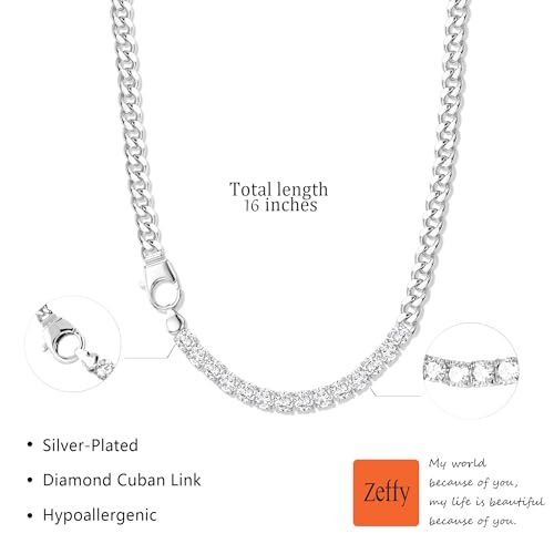Zeffy 14K Gold/Silver Plated Chunky Thick Chain Toggle Clasp Necklace Dainty Baroque Pearl/Heart/Cross/Turquoise Pendant Necklace - color: Silver CZ Cuban Link