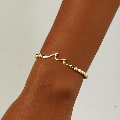 Beaded Bracelets for Women 14K Silver Gold Plated Stretch Handmade Ball Bracelets Cute Charm Bracelet Dainty Stackable Cross Heart Bow Wave CZ Circle Trendy Jewelry Easter Gifts - color: wave