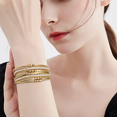 Multi-layer Leather Bracelets Multi-strand Wrap Bracelets Handmade Braided Rope Cuff Bangle with Magnetic Buckle Jewelry - color: Crystal Gold