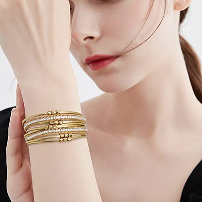 Multi-layer Leather Bracelets Multi-strand Wrap Bracelets Handmade Braided Rope Cuff Bangle with Magnetic Buckle Jewelry - color: Crystal Gold