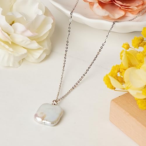 925 Sterling Silver Dainty Freshwater Cultured Pearl Choker Necklace White Genuine Real Pearl Charm Necklaces Jewelry Gifts for Her - color: Baroque-Square-Silver