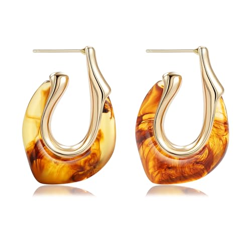 Resin Gold Hoop Earrings Chunky Statement Acrylic Huggie Dangle Fun Jewelry | Colorful Summer Hypoallergenic Drop U Hoops Boho Cute Western Vintage Unique Funky Beach Vacation Outfits for Women Trendy - color: Amber, size: Hoop