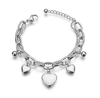 kelistom 316L Stainless Steel Love Heart Charm Bracelet for Women Romantic Gift Silver/Rose/18k Gold Plated OT Clasp Bracelets - color: 3-heart white