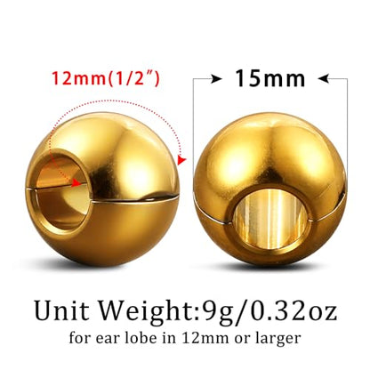 1 pair 9g ear weight Classic Spheres, Hypoallergenic 316 Stainless Steel Ear Weights Plugs Tunnels Gauges for Ear Body Jewelry Women Men - color: Gold for Ear Lobe in 12mm+ (1/2") or Large