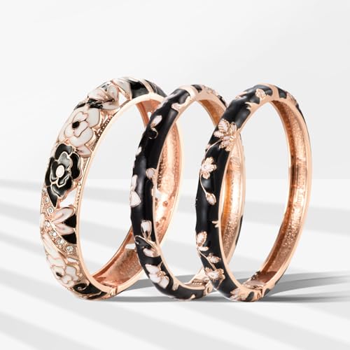 UJOY Womens Multi-Colors Cloisonne Bracelet Plated Flower Hollowed Enameled Hinged Cuff Bangles Jewelry Gift 88A10 - color: 3 Pcs Pack Black Bangles