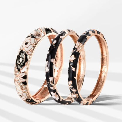 UJOY Womens Multi-Colors Cloisonne Bracelet Plated Flower Hollowed Enameled Hinged Cuff Bangles Jewelry Gift 88A10 - color: 3 Pcs Pack Black Bangles