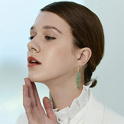 Handmade Boho Vintage Green Bronze Lightweight Statement Leaves Earrings with Detailed Texture Drop Dangle Earring for Women Floating Feathers Chain Earrings Jewelry Gifts