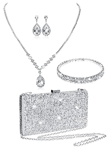Mixweer 4 Pieces Clutch Purses Bag for Women Evening Rhinestone Jewelry Set Bling Necklace Earrings Bracelets Set for Wedding - style: Elegant Style