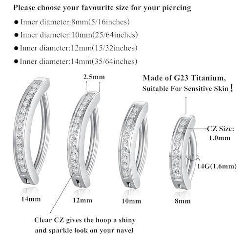 G23 Titanium Clicker Belly Button Ring Navel Rings Body Belly Piercing Jewelry 14G 14mm 12mm 10mm 8mm - style: Clear CZ/14G/10mm/Silver