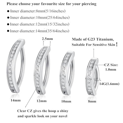 G23 Titanium Clicker Belly Button Ring Navel Rings Body Belly Piercing Jewelry 14G 14mm 12mm 10mm 8mm - style: Clear CZ/14G/12mm/Silver