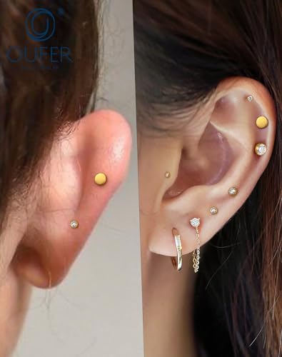 OUFER 2Pcs 20G/18G/16G G23 Titanium Threadless Nose Stud Earrings Flat Back Tiny CZ Small Nose Helix Cartilage Tragus Conch Labret Medusa Monroe Piercing Jewelry for Women Men - color: Gold, size: 2pcs, 16g 6mm, 2.5mm cz