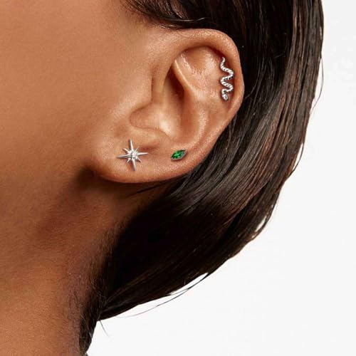 G23 Titanium 16G Tragus Conch Piercing Jewelry Flat Back Stud Earrings | Hypoallergenic CZ Nose Dangle Helix Medusa Lip Labret Body Piercing Jewelry, 14K Gold Plated, Silver, 6 and 8 mm Post Length - color: Serpent's Charm-Titanium