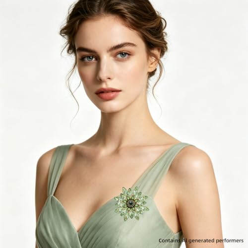 Crystal Flower Brooch Pin for Women Rhinestone Floral Lapel Jewelry - color: green