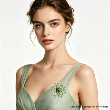 Crystal Flower Brooch Pin for Women Rhinestone Floral Lapel Jewelry - color: green