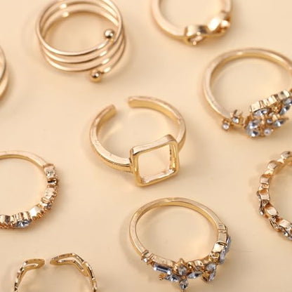 42-Piece Gold Tone Stackable Ring Set for Women, Boho Minimalist Stacking Rings with Crystal & Heart Accents, Adjustable Open Band Jewelry for Daily Wear - style: ZH00098