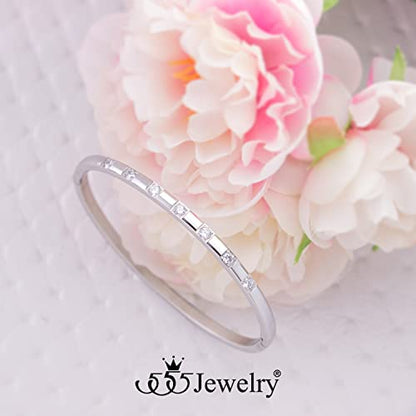 555Jewelry Stainless Steel Thin CZ Cuff Hinged Bangle Bracelet for Women - color: Silver