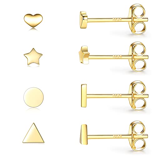 EPIRORA Sterling Silver Stud Earrings for Women Men- 4 Pairs of Hypoallergenic Simple Geometric Small Stud Earring Set Tiny Circle Triangle Square Bar Stud Earrings Mini Cartilage Tragus Earrings - style: Style 2- Gold