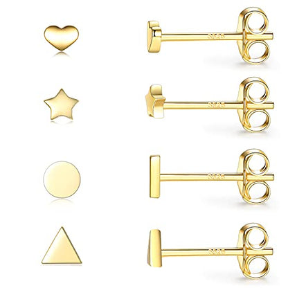EPIRORA Sterling Silver Stud Earrings for Women Men- 4 Pairs of Hypoallergenic Simple Geometric Small Stud Earring Set Tiny Circle Triangle Square Bar Stud Earrings Mini Cartilage Tragus Earrings - style: Style 2- Gold