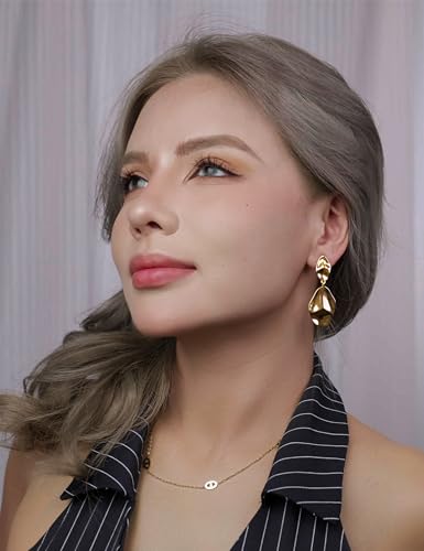FAN&LOUIS Gold Silver Clip On Dangle Earrings Women,14K Gold Teardrop Statement Dangle Earrings Clips Lightweight Hammered Drop Dangle Clip-on Earrings for Women - style: Gold