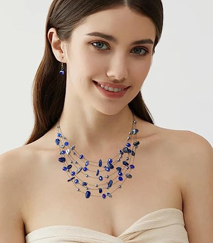 Multi-Layer Boho Shell Beaded Necklace for Women Colorful Crystal Strand with Silver Beads Statement Collars Necklace and Earrings Costumes Jewelry Sets for Women - color: 48-Sapphire