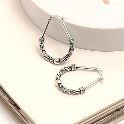 LeCalla 925 Sterling Silver Hoop Earrings for Women | Italian Design Classic Diamond-Cut Textured Hoops Earring | Women's Oval Drop Shape Silver Earring Jewelry - color: Bohemian Tribal Bali