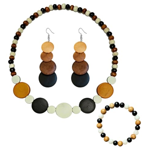 ONLYJUMP Colorful Ethnic Wooden Jewelry Set for Women Round Statement Dangle Earrings Multilayered Geometric Beaded Bracelet Necklace Exaggerated Tribal Style Jewelry - color: Whith