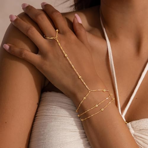 Mothers Day Gifts 14K Gold Plated Hand Chain Bracelet for Women, Stackable Gold/Silver Finger Ring Bracelet Hand Chain Dainty Non Tarnish Waterproof CZ Satellite Bead Link Adjustable Jewelry - color: Gold-Style 5