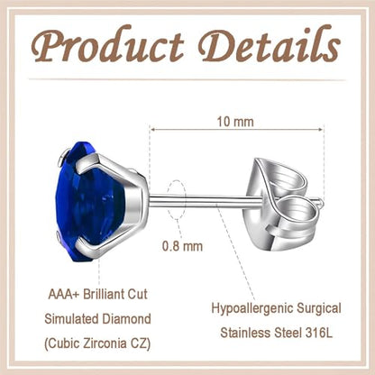 12 Pairs Stud Earrings Set, Hypoallergenic Surgical Stainless Steel 316L Earring for Women Men, Small Earring Studs Pack with Cubic Zirconia - color: Blue-6 Sizes-3，4，5，6，7，8