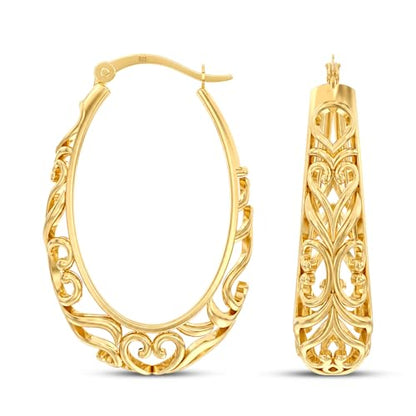 LeCalla 925 Sterling Silver Hoop Earrings | Women's Filigree Hoop Earrings | Openwork Mesh Filigree Cut Earring | Lightweight & Hypoallergenic Vintage Hoop Earrings for Women - style: Yellow-Gold / Oval Filigree
