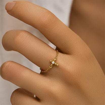 925 Sterling Silver Adjustable Link Chain Rings for Women Daughter | Dainty 14k Gold Plated Evil Eye/Cross/Flower Ring Sparkly Twist Rope with Bead Dangle Stackable Ring Jewelry Birthday Gifts - color: Style 8-Gold