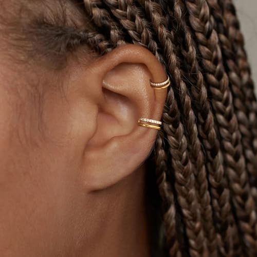 Cartilage Helix Conch Piercing Jewelry Gold Hoop Women Earrings | 2pcs, Huggie, Made of Stainless Steel, 14k Gold Plated, Hypoallergenic, Sparkly Cubic Zircon, Double Hoop design - color: Zircon Gold, size: 18g-8mm
