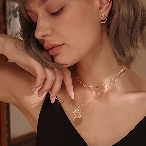 MEVECCO Gold Birth Flower Coin Necklace for Women Paperclip Chain Choker Layered Set Embossed Disc 12 Month Pendent 18K Gold Plated Dainty Satellite Chain Personalized Birthday Jewelry for Her