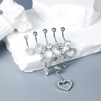 14G Dangle Belly Button Ring Piercing Jewelry 316L Stainless Surgical Steel Heart Flower CZ Reverse Navel Rings Dangling Belly Button Ring Piercing Jewelry for Women 14 Gauge Hypoallergenic - style: 5Pcs Silver