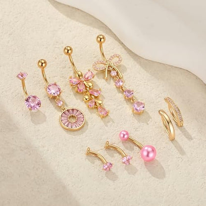 G&O JFU 9 Pcs Belly Button Ring Dangle Hypoallergenic Surgical Stainless Steel Heart Flower Pearl Bow Dangly Belly Rings for Women 14G Clicker Floating Navel Piercing Jewelry - color: Gold Pink