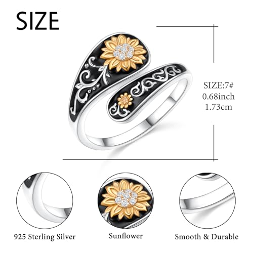 FLYOW Sterling Silver Sunflower Spoon Ring Victorian Style Boho Antique Flower Adjustable Open Ring Retro Statement Cubic Zirconial/Turquoise/Oxidized Thumb Rings for Women Birthday Christmas Jewelry - style: Cubic Zirconial-7
