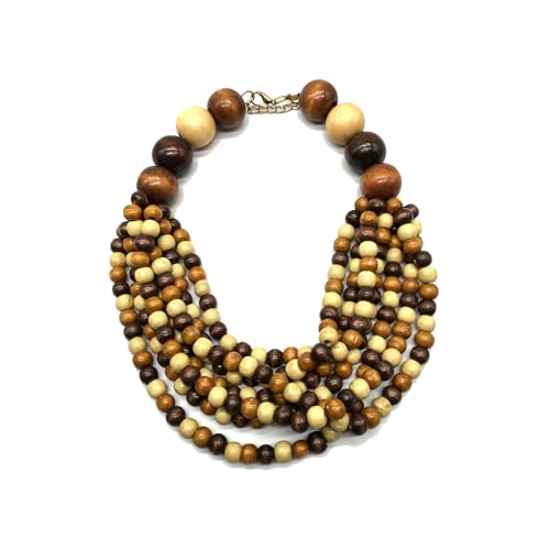 COLORFUL BLING Boho African Wooden Beaded Strands Necklace Ethnic Layered Chunky Collar Choker Wood Necklace for Women Hip Hop Statement Jewelry - color: coffee