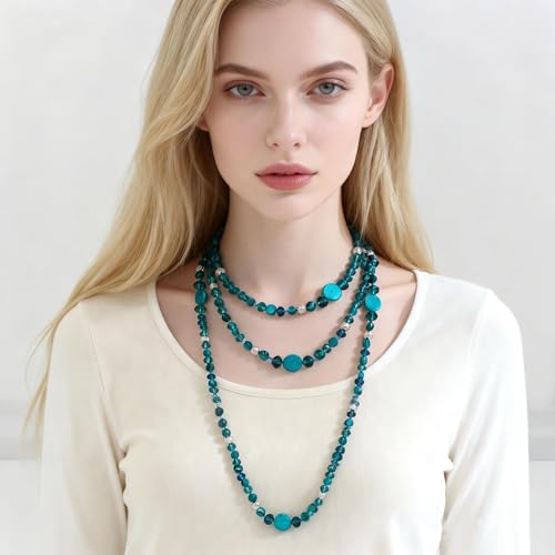 Trendy Infinity Wrap 60’’ Long Statement Necklace, Earrings and Bracelet Set - Hand Knotted Versatile Crystal and Shell Beads Strand Necklace and Chunky Beaded Stretch Bracelet Stack – Jewelry Set Gift for Women - color: Olive Green