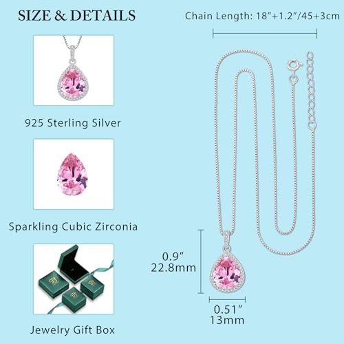 FJ Teardrop Pendant Necklace 925 Sterling Silver Birthstone Jewelry for Women - color: 10 October-Pink Tourmaline