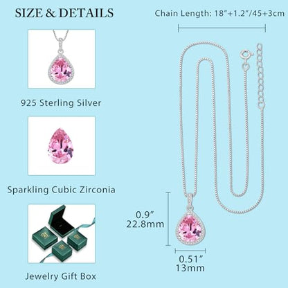 FJ Teardrop Pendant Necklace 925 Sterling Silver Birthstone Jewelry for Women - color: 10 October-Pink Tourmaline