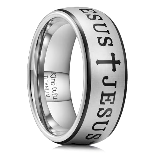 King Will 8mm Titanium Rings for Men Lord's Prayer Engraved Mens Cross Ring Vintage Religious Band Polished Brushed - color: Silver - Cross Runes Engraved