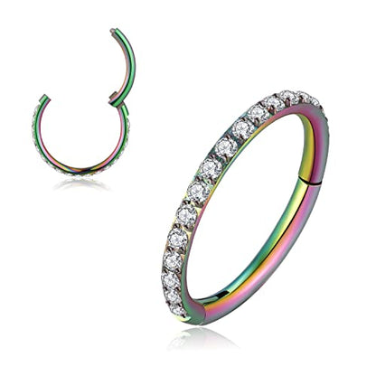 MissNity 20G, 18G, 16G, 14G Hinged Nose Rings Hoop with Gem in 316L Surgical Steel, Septum Clicker Cartilage Earrings Conch Daith Helix Rook Ear Lobe Piercing Jewelry, Diameter 6mm to 12mm - color: 05: Rainbow + Clear CZ