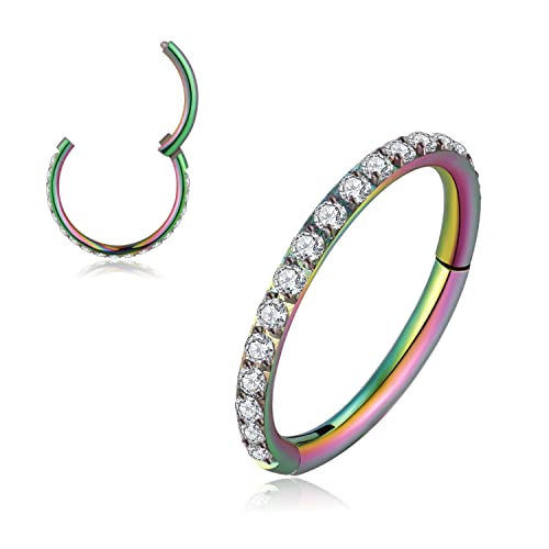 MissNity 20G, 18G, 16G, 14G Hinged Nose Rings Hoop with Gem in 316L Surgical Steel, Septum Clicker Cartilage Earrings Conch Daith Helix Rook Ear Lobe Piercing Jewelry, Diameter 6mm to 12mm - color: 05: Rainbow + Clear CZ